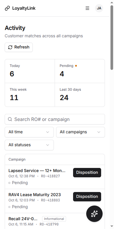 The Activity page on a phone: recent matches with campaign, repair order and disposition status.